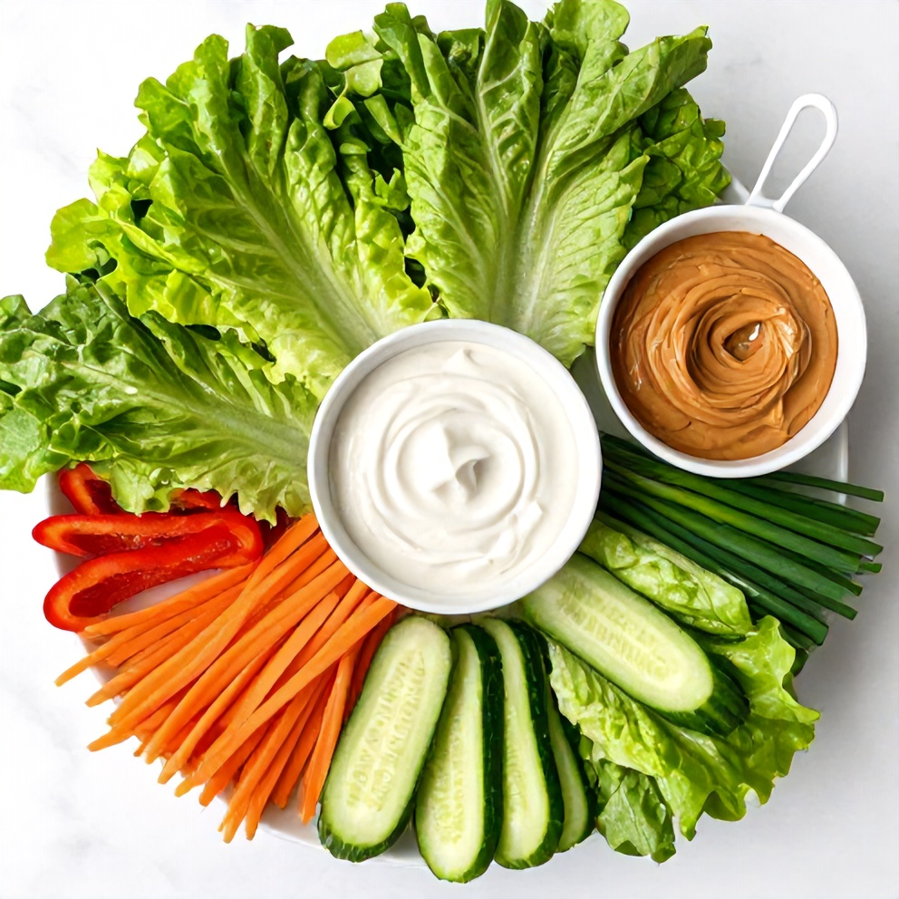 Raw ingredients for fresh lettuce wraps with almond dip