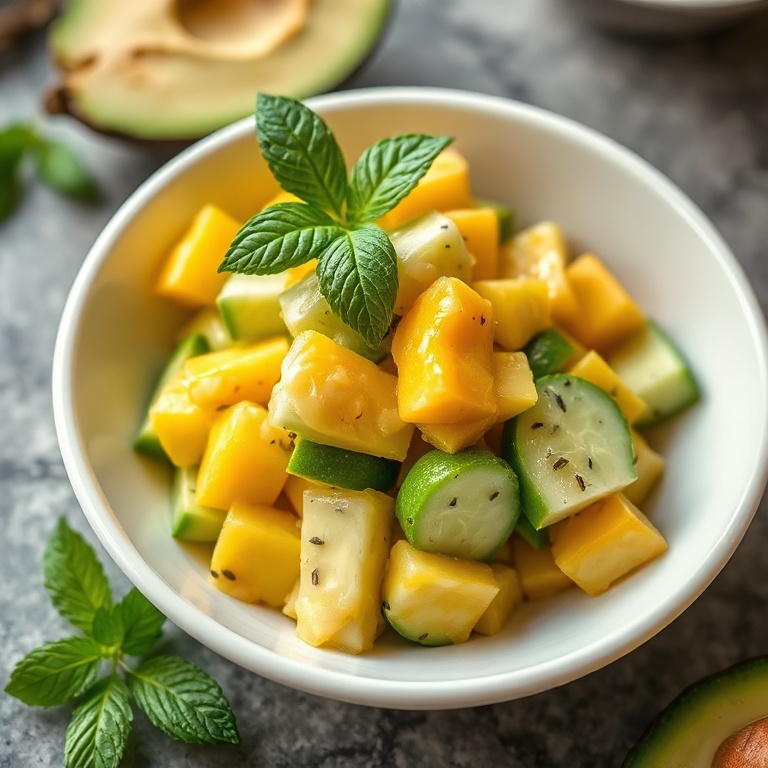 Plated fresh mango cucumber salad in a white ceramic bowl, garnished with fresh mint leaves