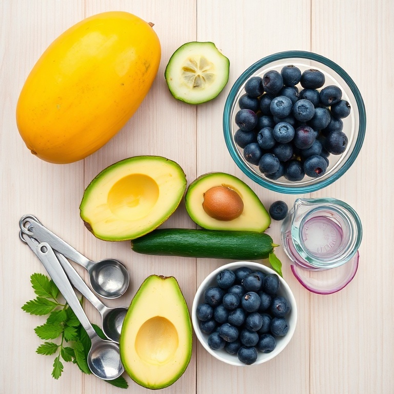Raw ingredients for mango cucumber salad: ripe mango, English cucumber, avocado, fresh blueberries, red onion, lime, mint, olive oil, and sea salt