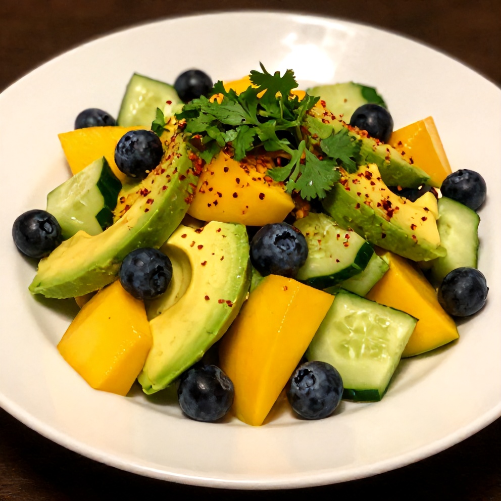 Plated mango cucumber salad with blueberries and avocado
