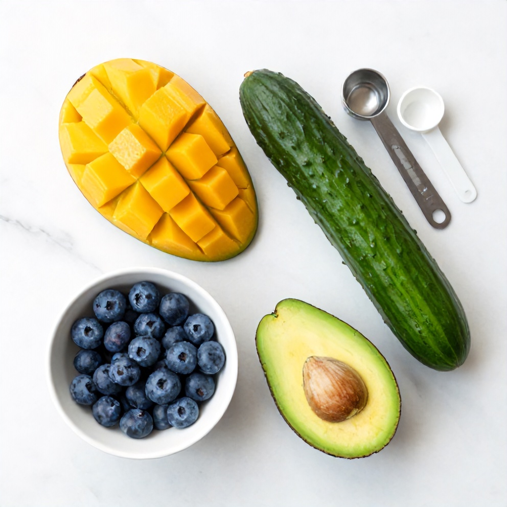Raw ingredients for mango cucumber salad