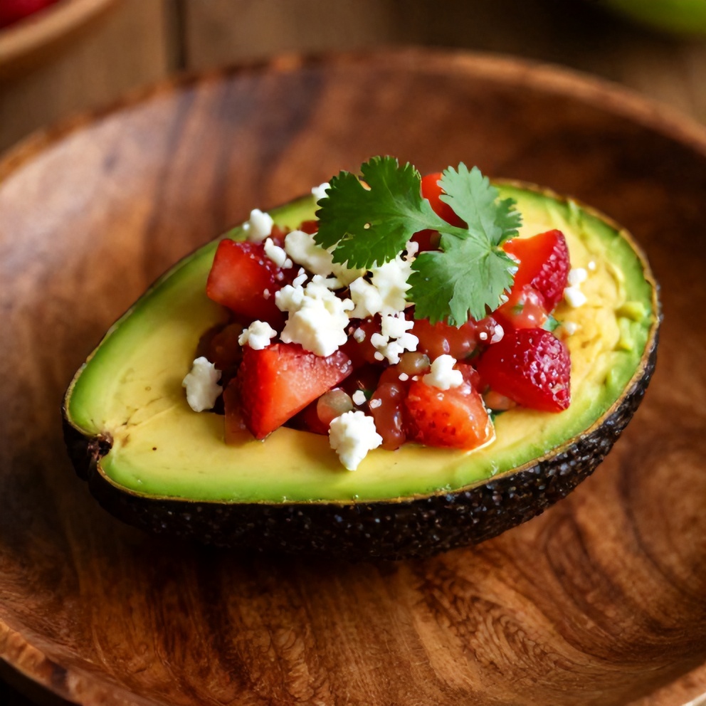 Plated serving of Fresh Strawberry Salsa Stuffed Avocados on a rustic plate