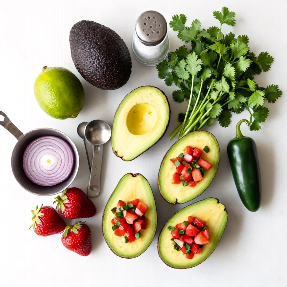 Raw ingredients for Fresh Strawberry Salsa Stuffed Avocados on a marble surface