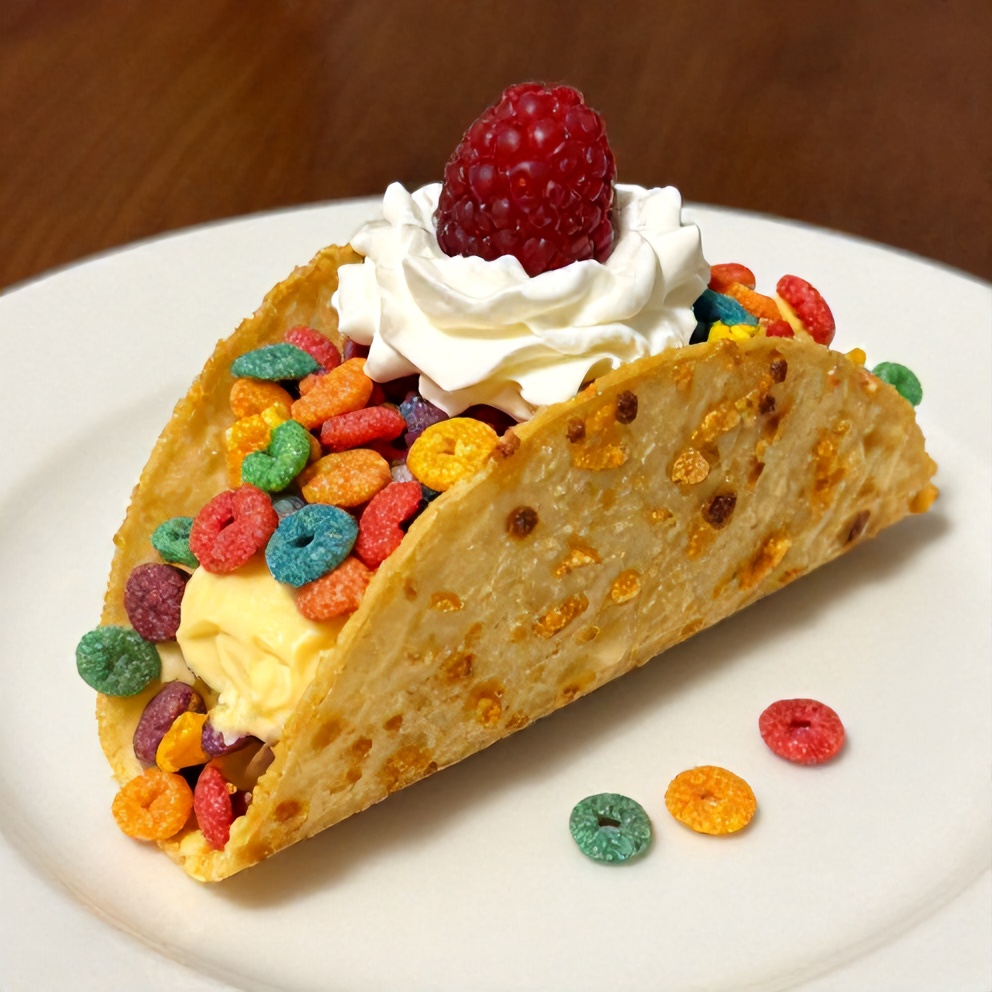Plated serving of Fruity Pebbles Cheesecake Tacos on a white plate