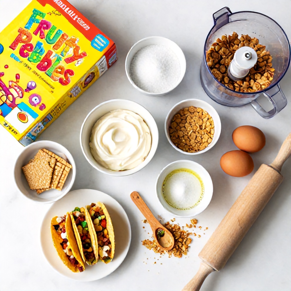 Fruity Pebbles, cream cheese, graham crackers, and other ingredients arranged on a white marble surface