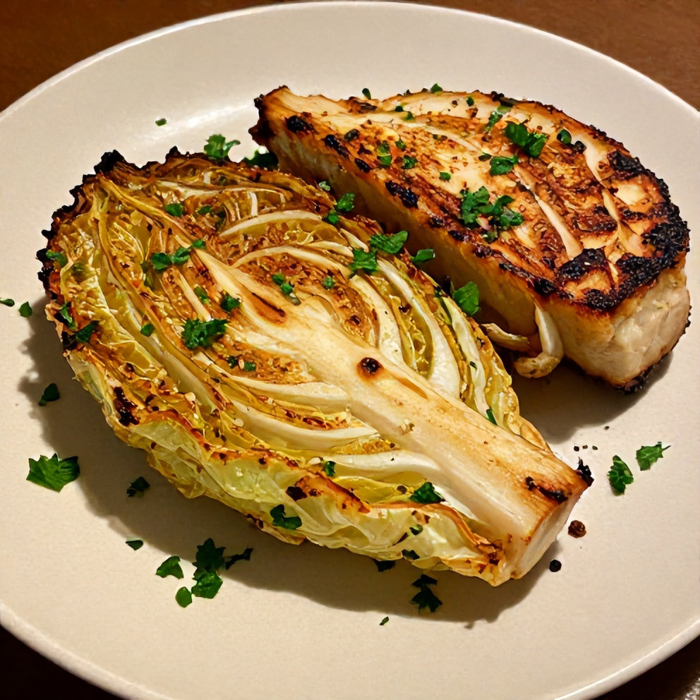 Plated Garlic Roasted Cabbage Steaks with smoky spices