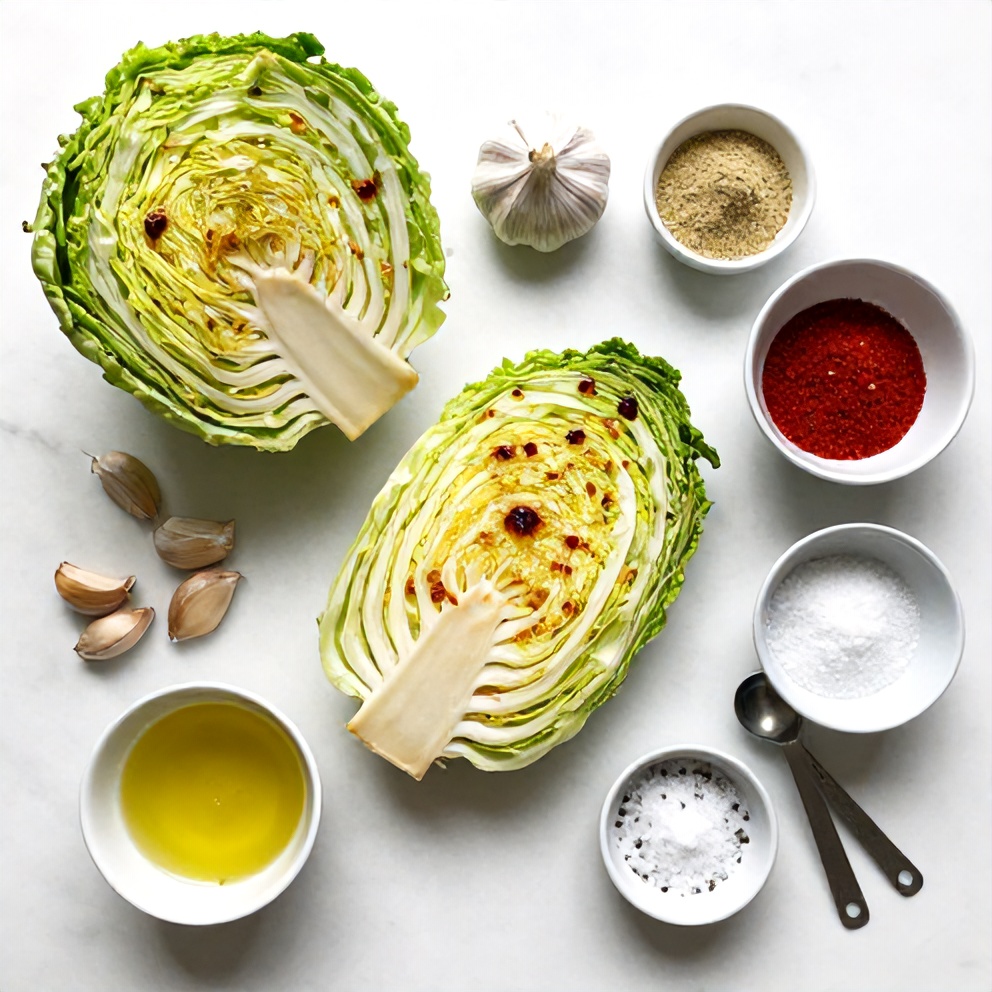 Raw ingredients for Garlic Roasted Cabbage Steaks on a marble surface