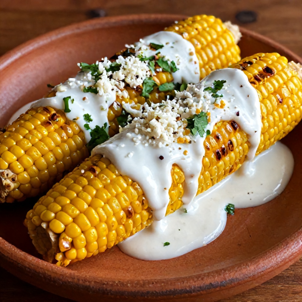 Plated grilled corn on the cob with chili lime yogurt sauce