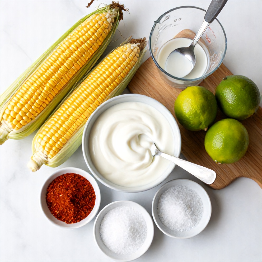 Raw ingredients for grilled corn with chili lime yogurt sauce