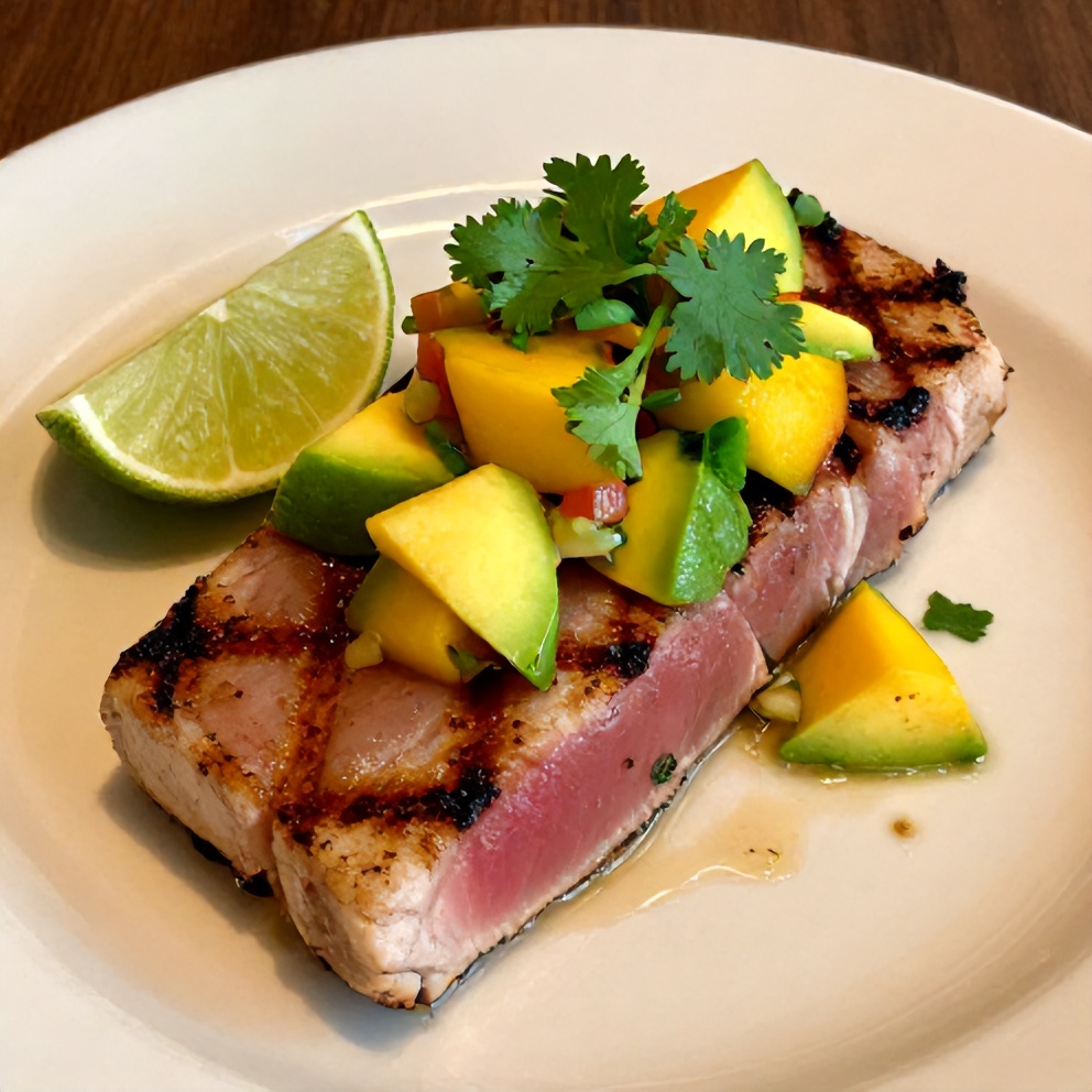 Close-up of grilled tuna steak with mango avocado salsa
