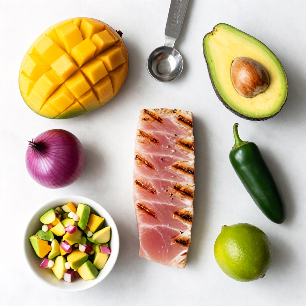 Raw ingredients for grilled tuna steak with mango avocado salsa