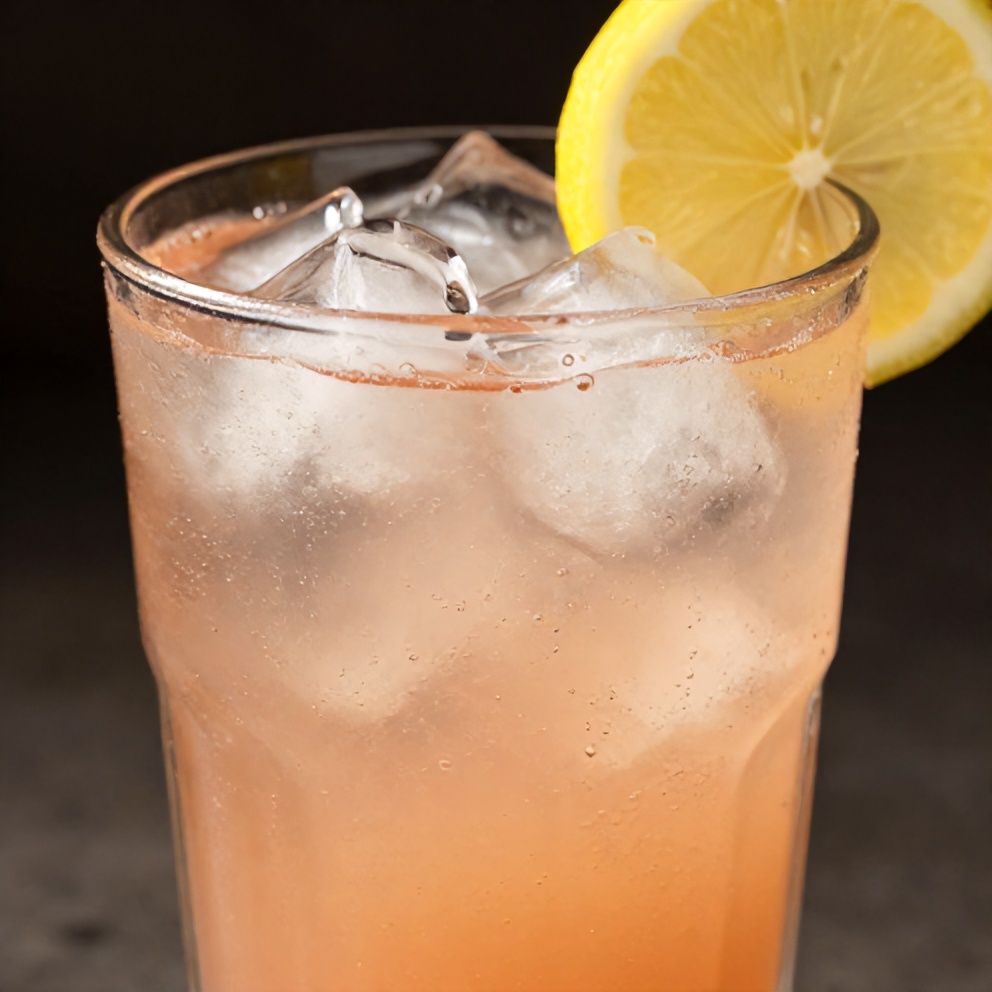 Guava White Tea Lemonade poured into a glass with a lemon slice and ice