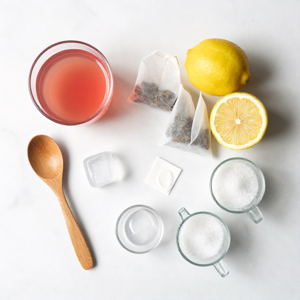 Guava, lemons, white tea bags, sugar, and ice on a wooden surface