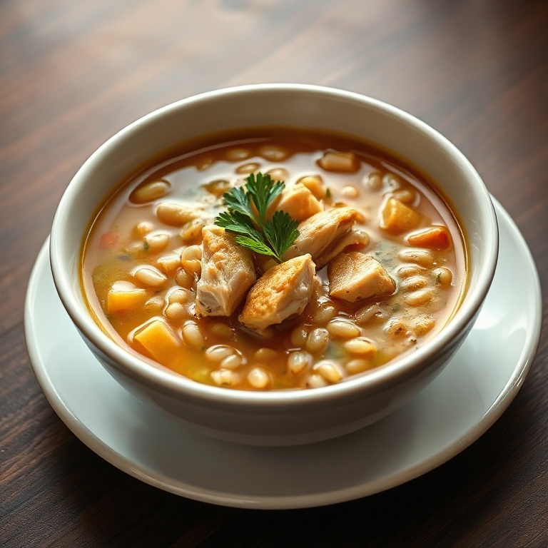 White ceramic soup bowl filled with hearty chicken barley soup, garnished with fresh parsley, placed on a dark wooden table with warm side lighting.