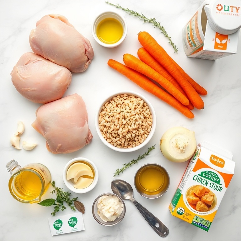 Overhead flat lay of raw chicken breasts, pearl barley, carrots, celery, onions, garlic cloves, thyme sprigs, bay leaf, olive oil, and chicken broth carton on white marble surface.
