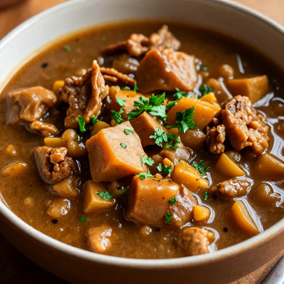 Bowl of Irish Vegetarian Stew with a side of crusty bread