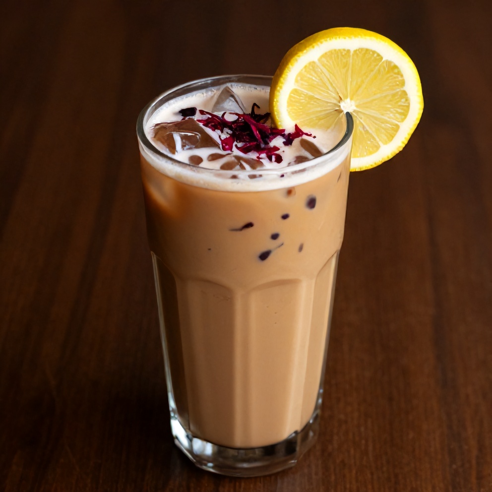 Hibiscus cardamom iced latte with a lemon slice garnish