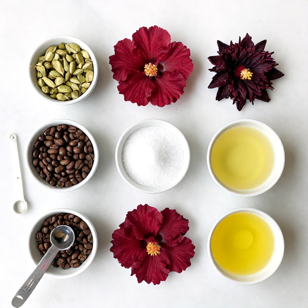 Hibiscus flowers, cardamom pods, coffee beans, sugar, and lemon juice on a wooden surface