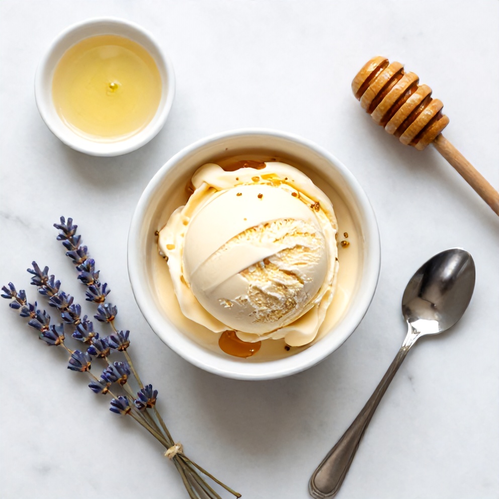 Honey, lavender, cream, and other ingredients for Honey Lavender Ice Cream