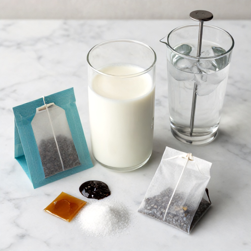 Ingredients for iced blue tea latte: blue tea bags, milk, sugar, vanilla extract, ice, etc.