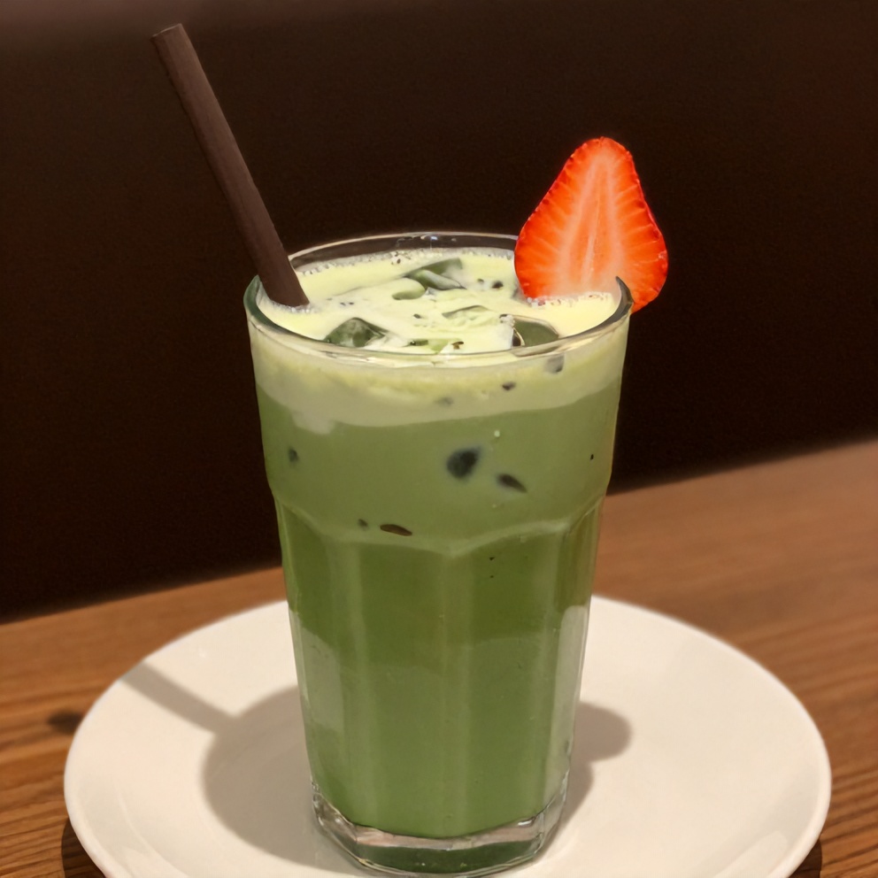 Iced matcha strawberry latte in a glass with a straw and a slice of strawberry
