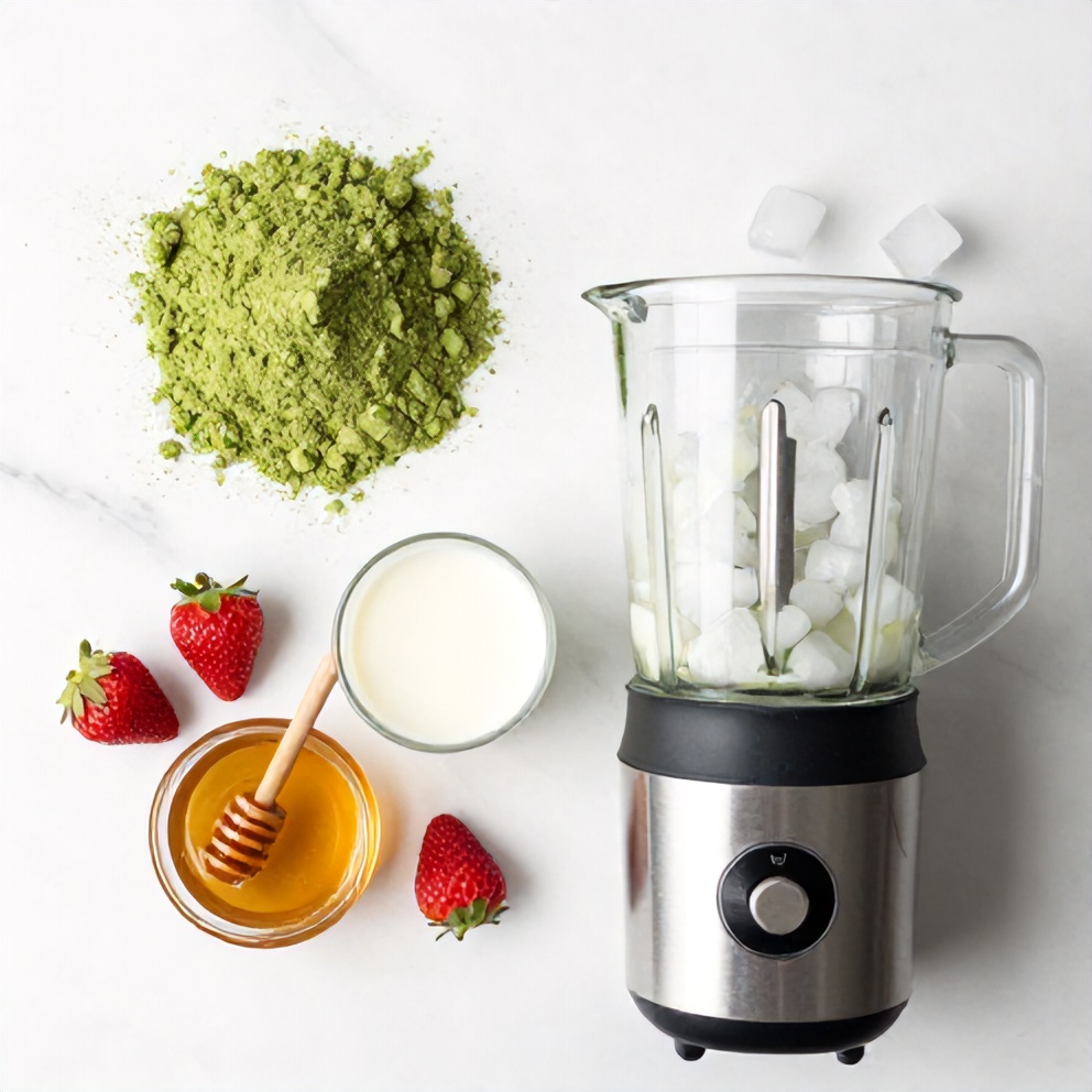 Matcha powder, fresh strawberries, honey, milk, ice cubes, and a blender on a white marble surface