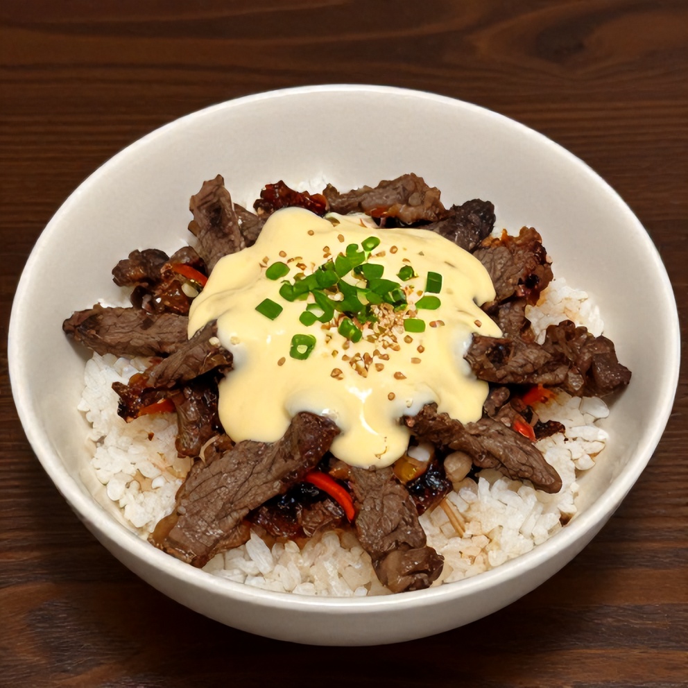 Korean BBQ Steak Rice Bowls with Spicy Cream Sauce