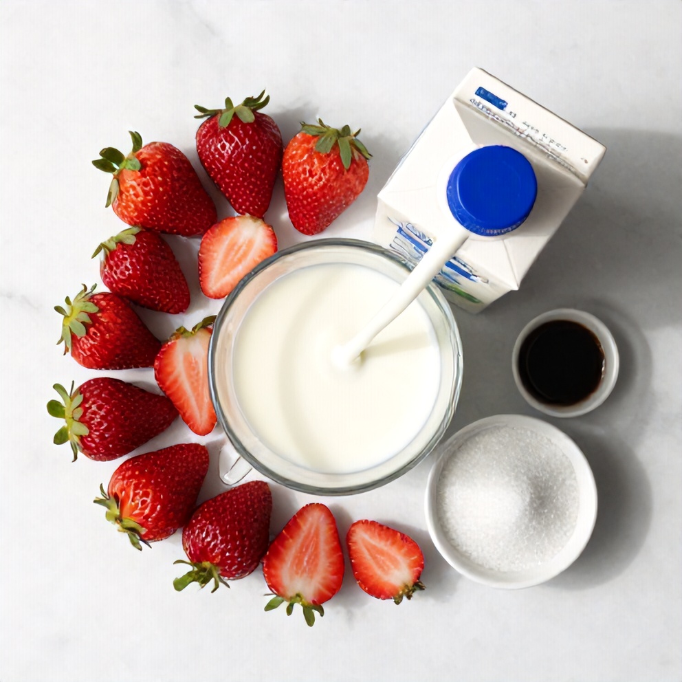 Strawberries, milk, sugar, and vanilla extract on a wooden surface