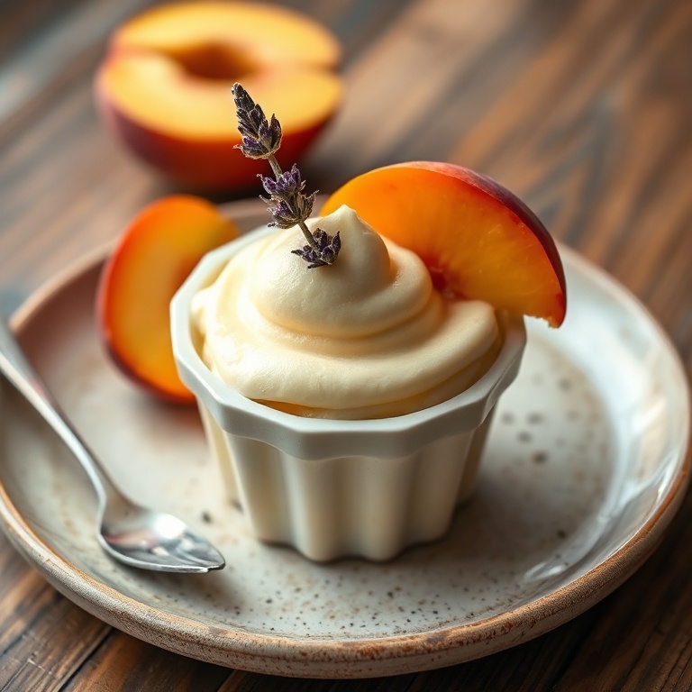 One lavender honey frozen yogurt peach cup removed from silicone mold, garnished with fresh peach slice and lavender sprig, on rustic ceramic plate.