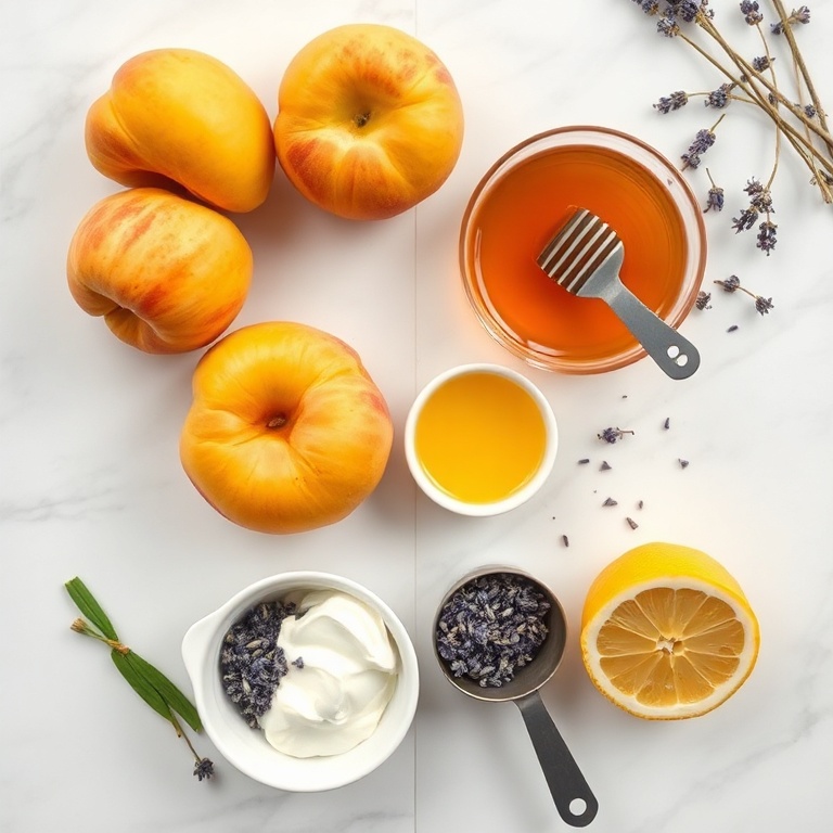 Fresh ripe peaches, Greek yogurt, raw honey, dried culinary lavender buds, lemon juice, and vanilla extract arranged on white marble with measuring spoons and small bowls.