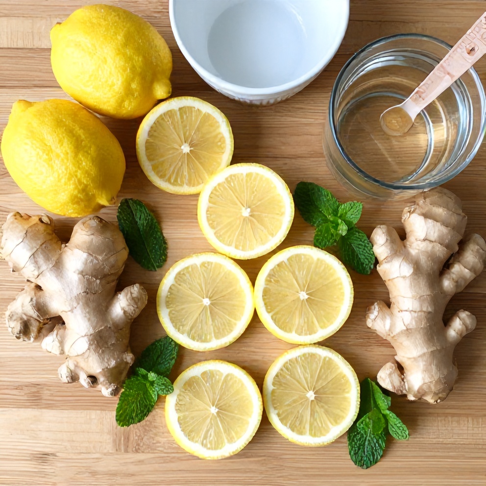 Lemons, ginger, water, and mint leaves on a wooden surface