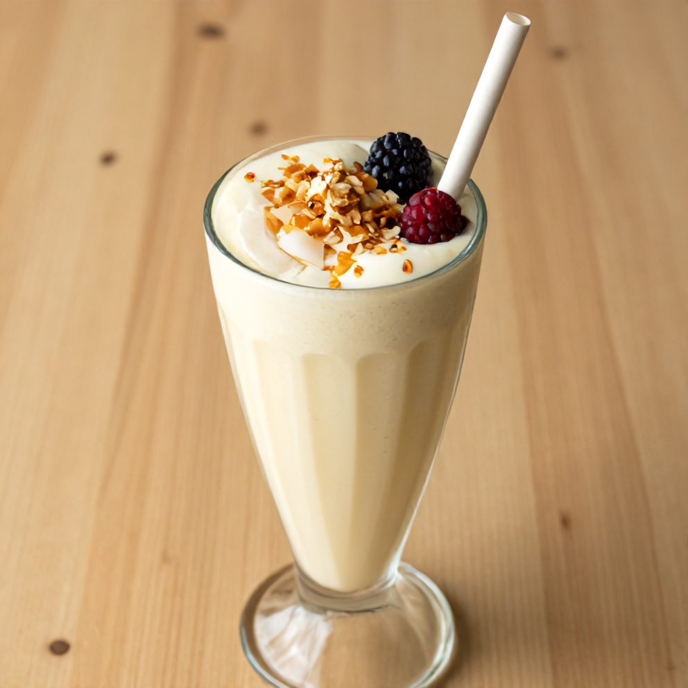 Mango Coconut Protein Shake poured into a glass with a straw