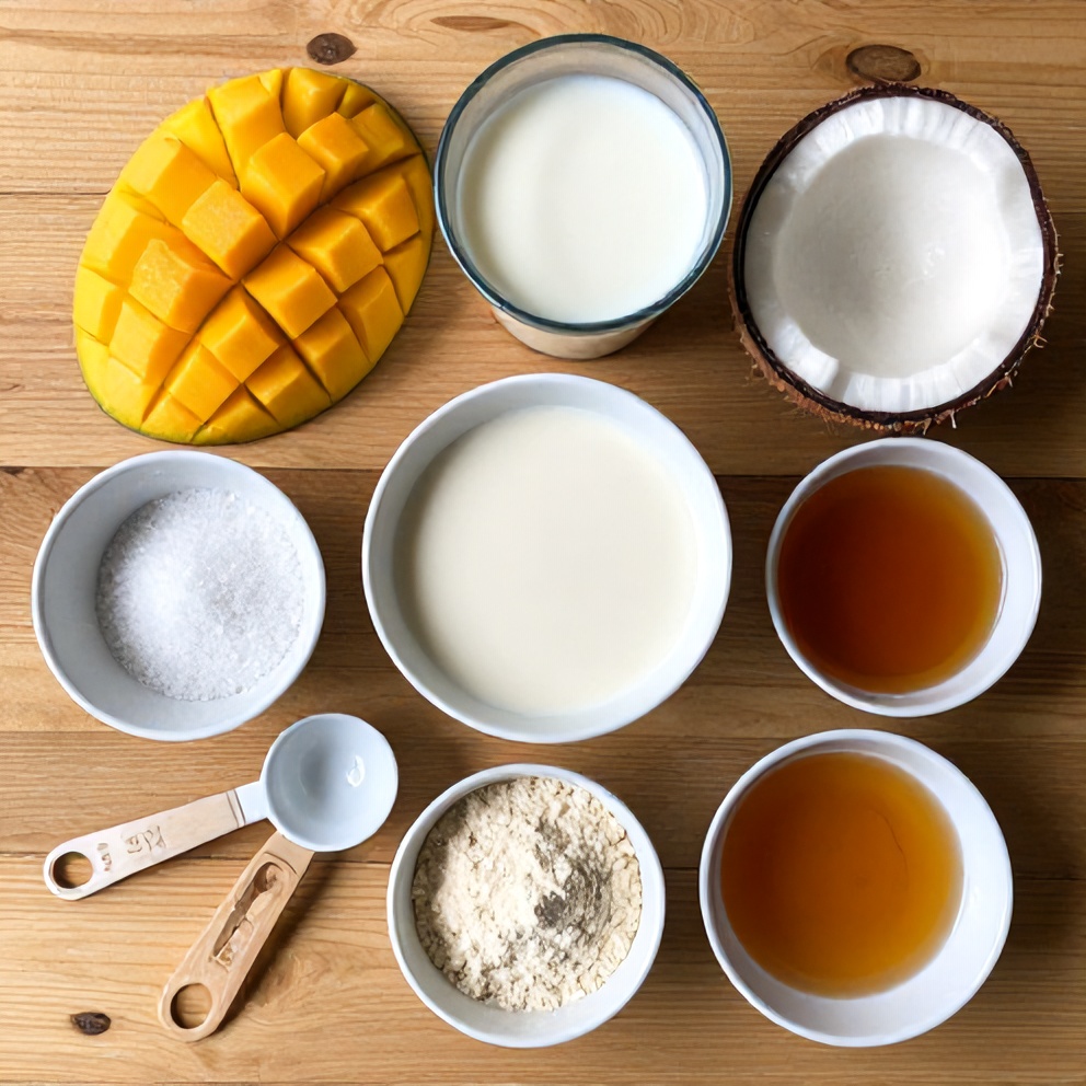 Raw ingredients for Mango Coconut Protein Shake on a wooden surface