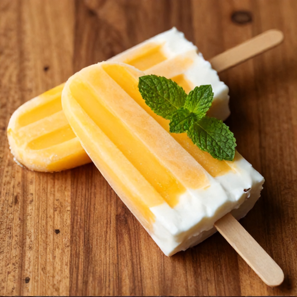 Mango Greek Yogurt Popsicles on a wooden surface