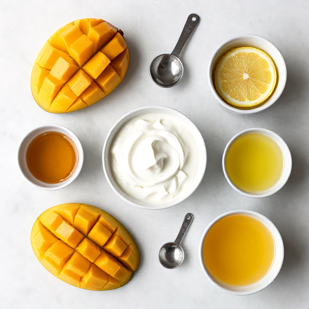 Mango, Greek yogurt, honey, and lemon juice arranged on a marble surface