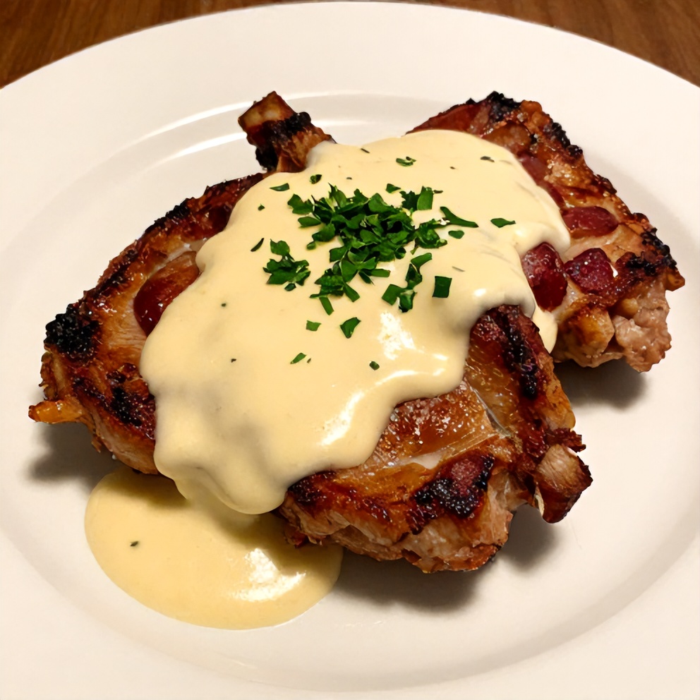 Maple Bacon Pork Chops with Creamy Dijon Sauce