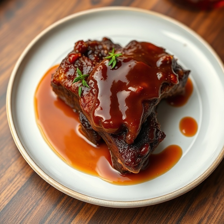 Plated maple bourbon glazed short ribs with thyme sprig garnish on white ceramic rimmed plate, glossy sauce drizzled over meat, tender shredded texture visible