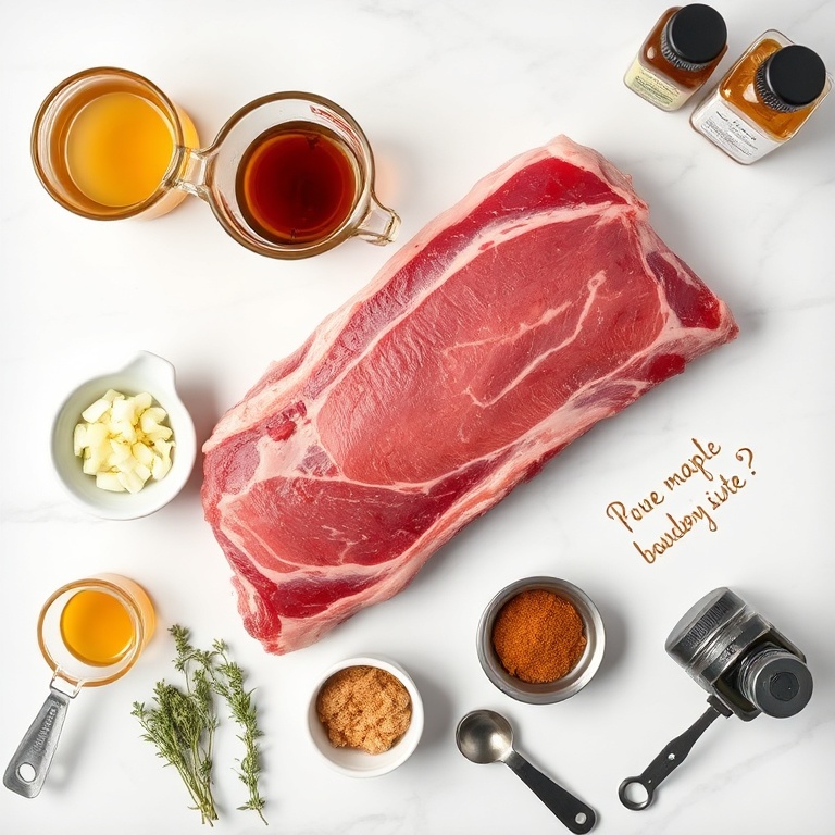 Raw ingredients flat lay: beef short ribs, maple syrup, bourbon, garlic cloves, shallots, apple cider vinegar, brown sugar, Dijon mustard, thyme sprigs, salt, black pepper