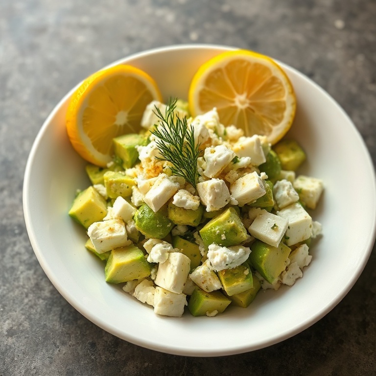 Plated Mediterranean avocado egg salad in a shallow white ceramic bowl garnished with fresh dill sprigs and lemon wedges. Light from upper left catches the glossy avocado and crumbly feta texture.