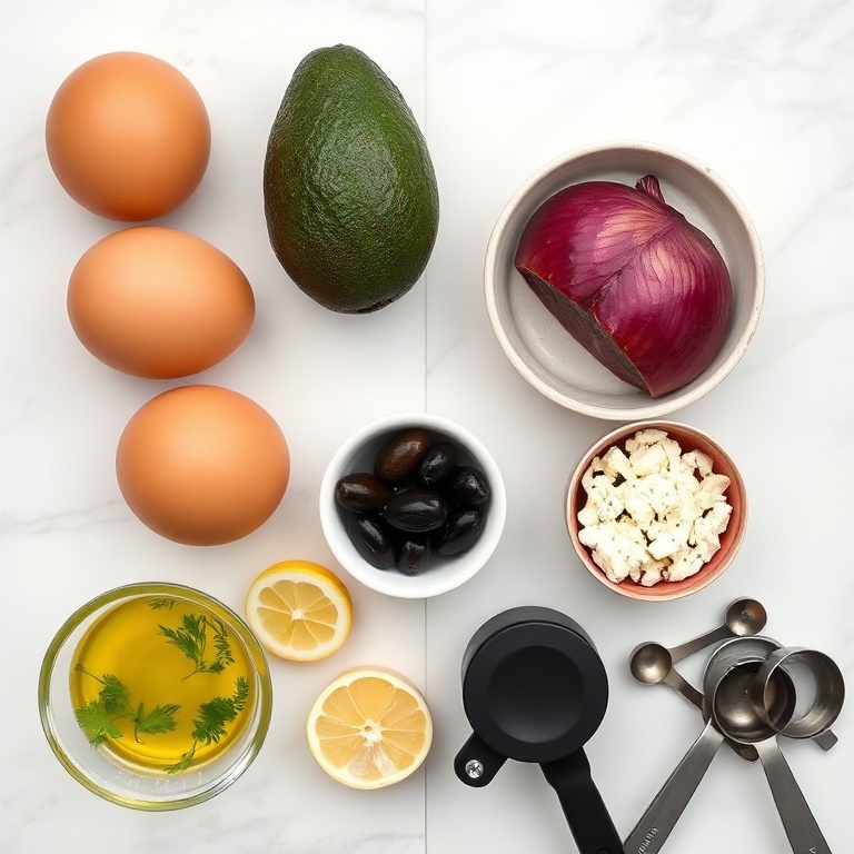 Overhead flat lay of eggs, ripe avocados, kalamata olives, feta cheese, red onion, lemon, olive oil, dill, and black pepper in small prep bowls and on white marble. Measuring spoons and cups nearby.