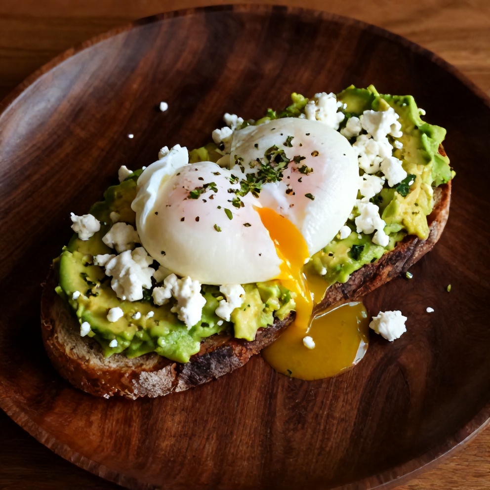 Mediterranean Avocado Toast with Poached Egg and Feta on a Plate