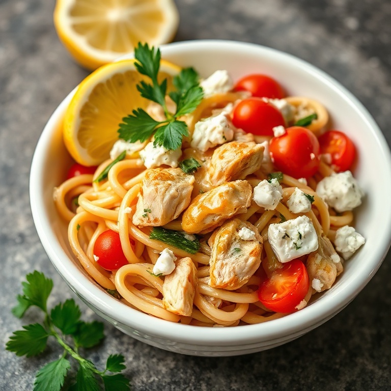 Mediterranean chicken pasta salad served in a white ceramic wide-rimmed bowl garnished with fresh parsley and lemon wedge, close cropped with warm side lighting highlighting the glossy dressing and crumbled feta texture.