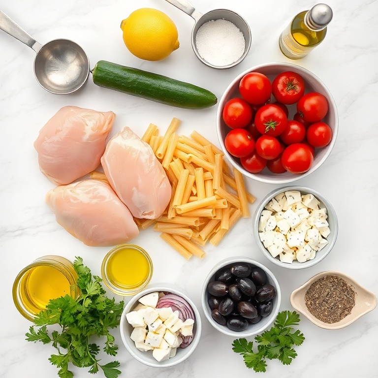 Overhead flat lay of raw ingredients: boneless chicken breasts, fusilli pasta, English cucumber, cherry tomatoes, kalamata olives, red onion, feta cheese, parsley, lemon, extra virgin olive oil, and dried oregano on white marble with stainless steel measuring cups and spoons.