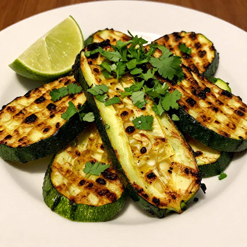Plated Mexican Street Corn Style Grilled Zucchini with fresh cilantro and lime wedge