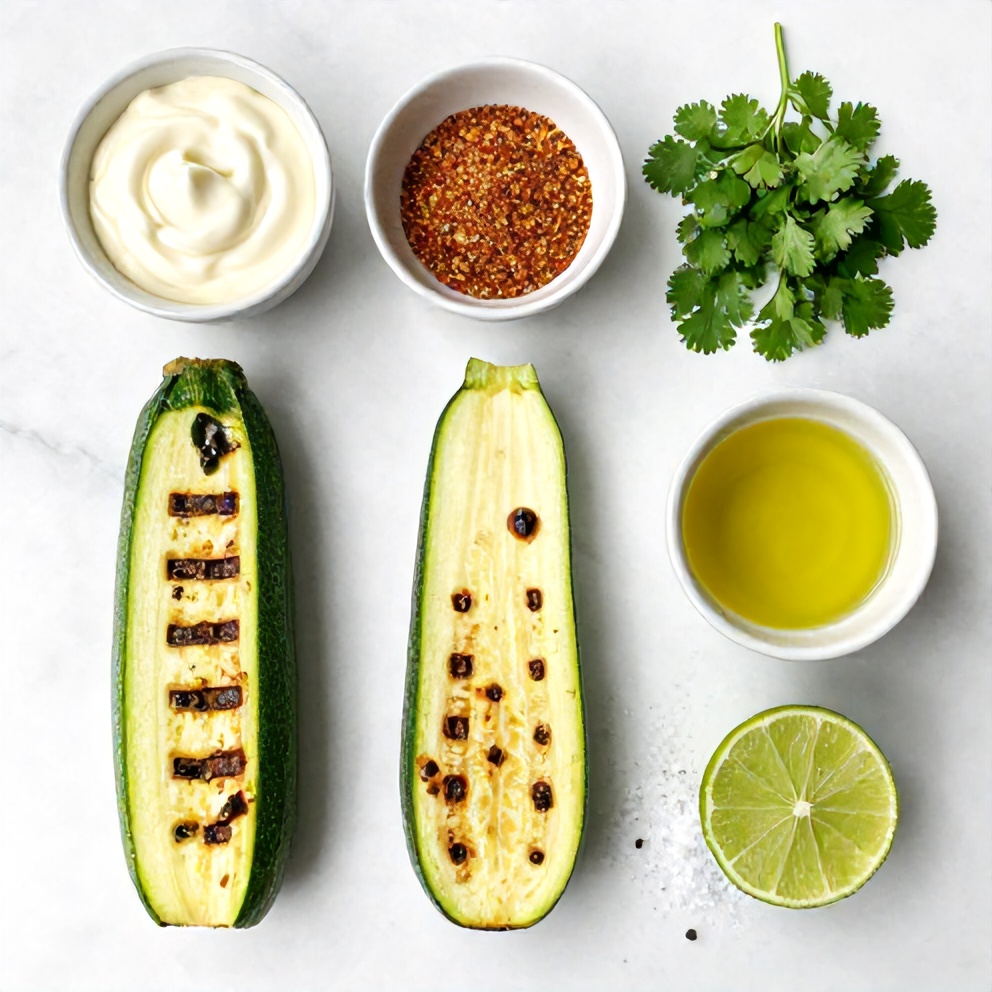 Raw ingredients for Mexican Street Corn Style Grilled Zucchini on a white marble surface