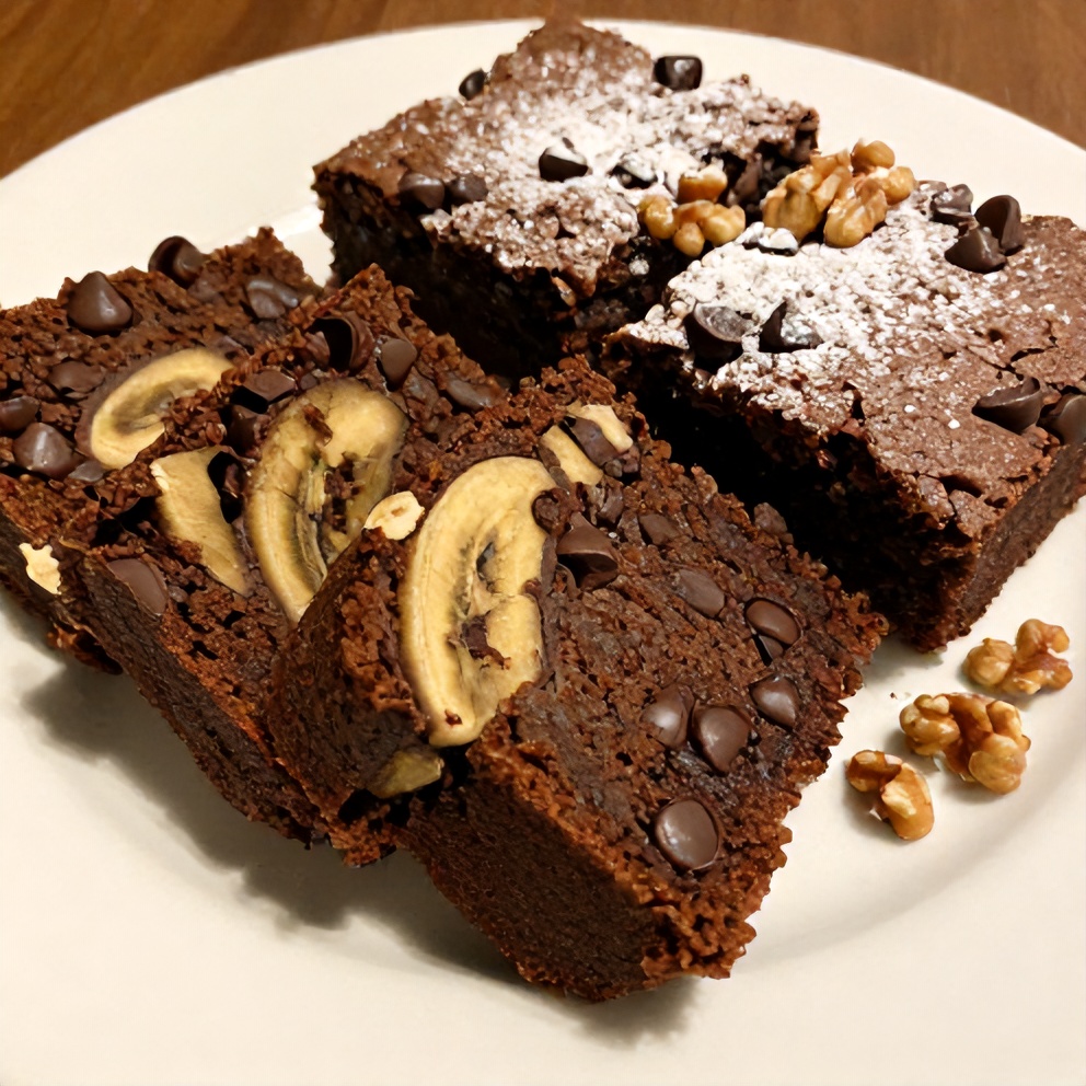 A slice of moist banana bread brownies with chocolate chips on a plate
