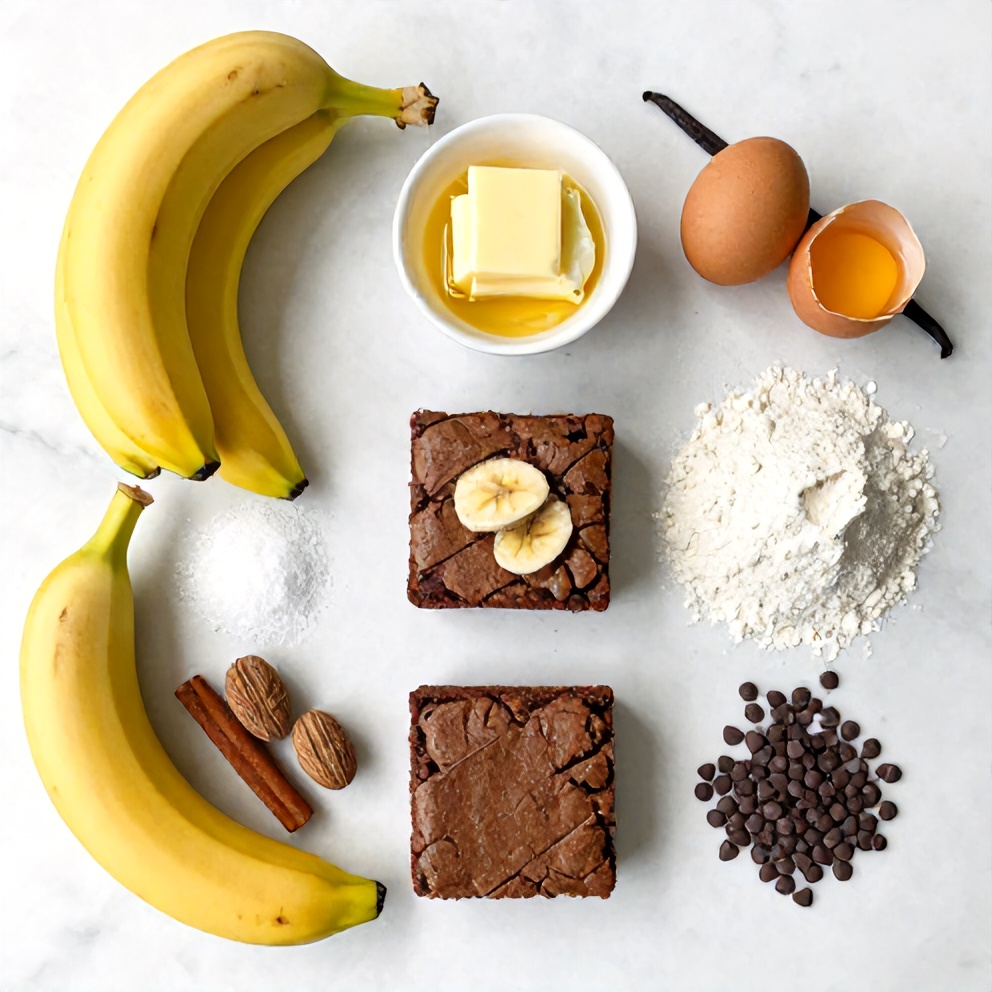 Bananas, flour, sugar, eggs, chocolate chips, and other ingredients for banana bread brownies