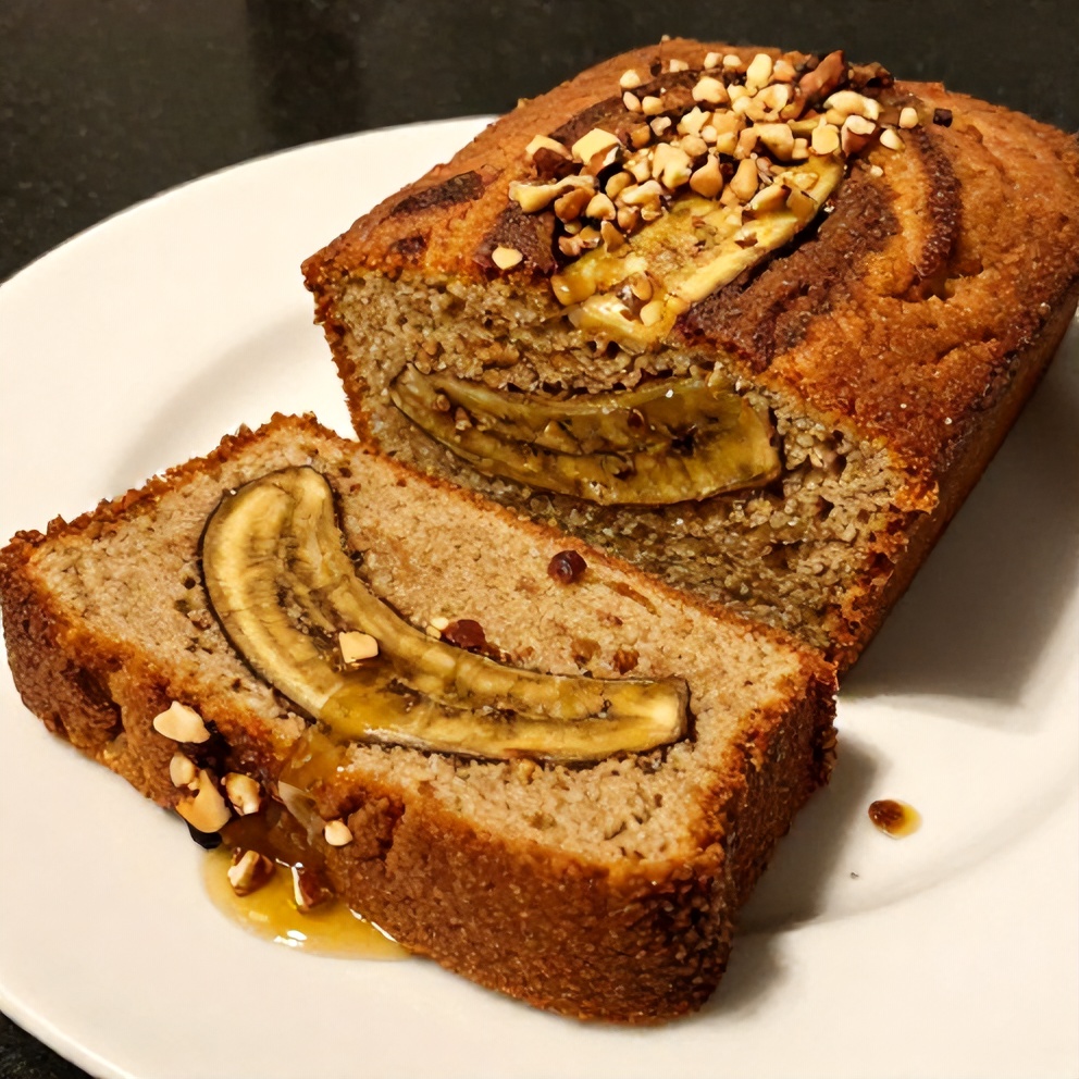 Sliced moist banana bread with cinnamon swirl