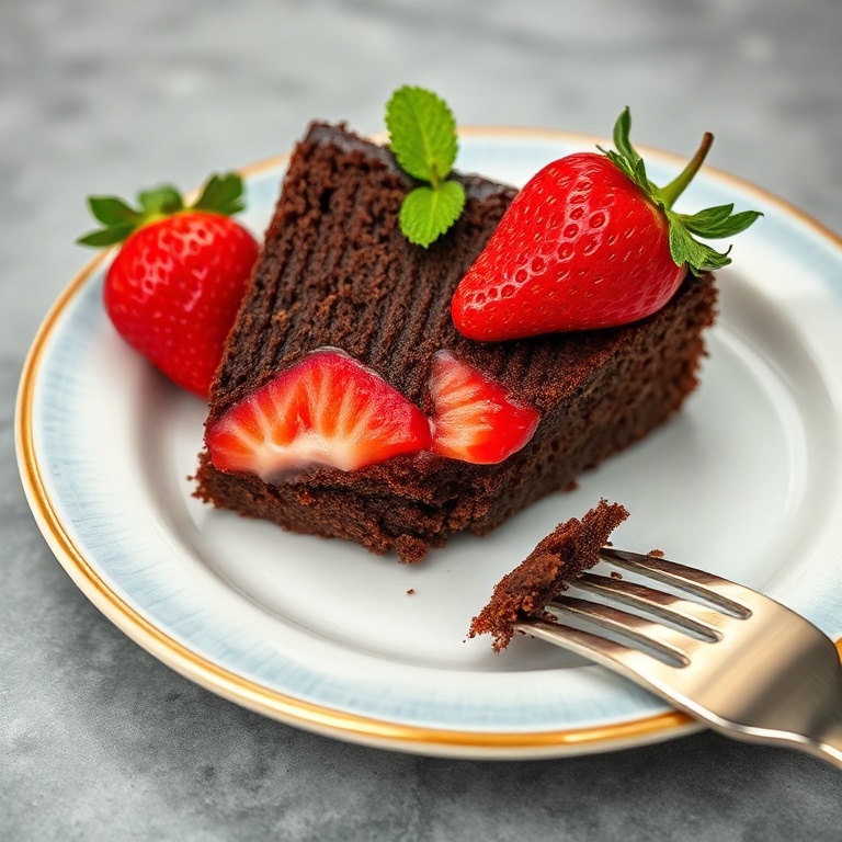 One plated slice of moist chocolate cake with fresh strawberry filling on a white ceramic dessert plate, garnished with fresh whole strawberry and mint leaf, fork edge visible in lower right corner
