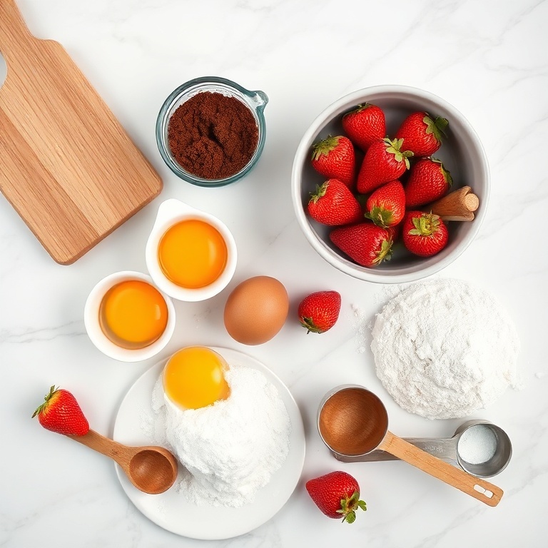 Overhead flat lay of all raw ingredients: unsweetened cocoa powder, granulated sugar, large eggs, fresh strawberries, all-purpose flour, baking powder, baking soda, buttermilk, unsalted butter, vanilla extract, salt